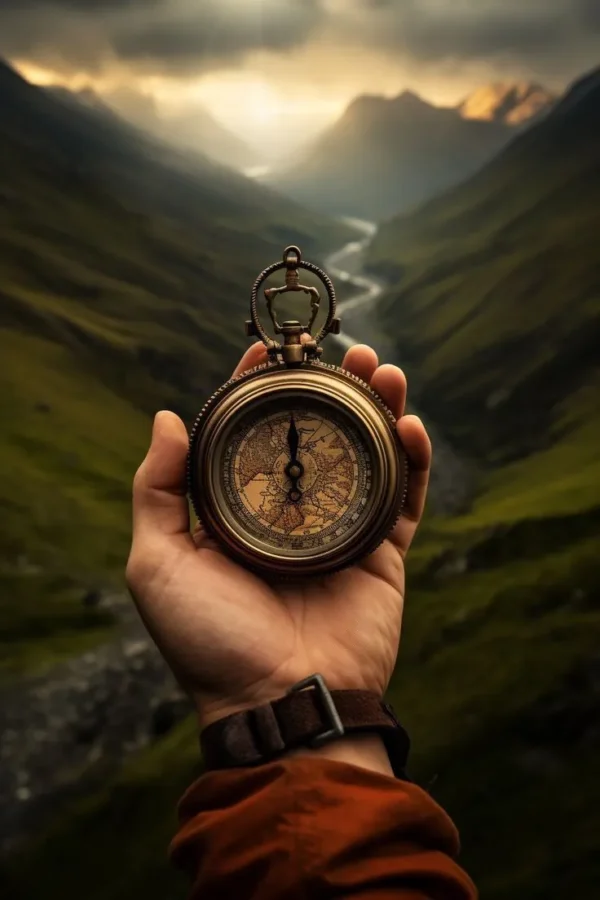 Imagen de una mano con brújula, representando el acompañamiento en psicoterapia transpersonal para personas con adicciones