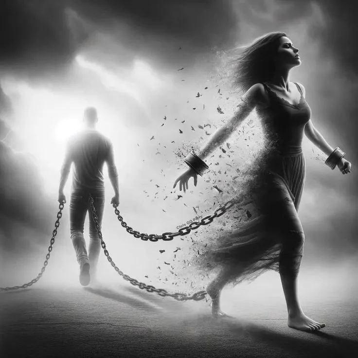 Mujer alejándose con determinación, pero aún unida por cadenas a las manos de un hombre que camina hacia adelante. La imagen simboliza vínculos emocionales que persisten incluso cuando hay intención de separarse, reflejando la dificultad de soltar desde lo profundo.