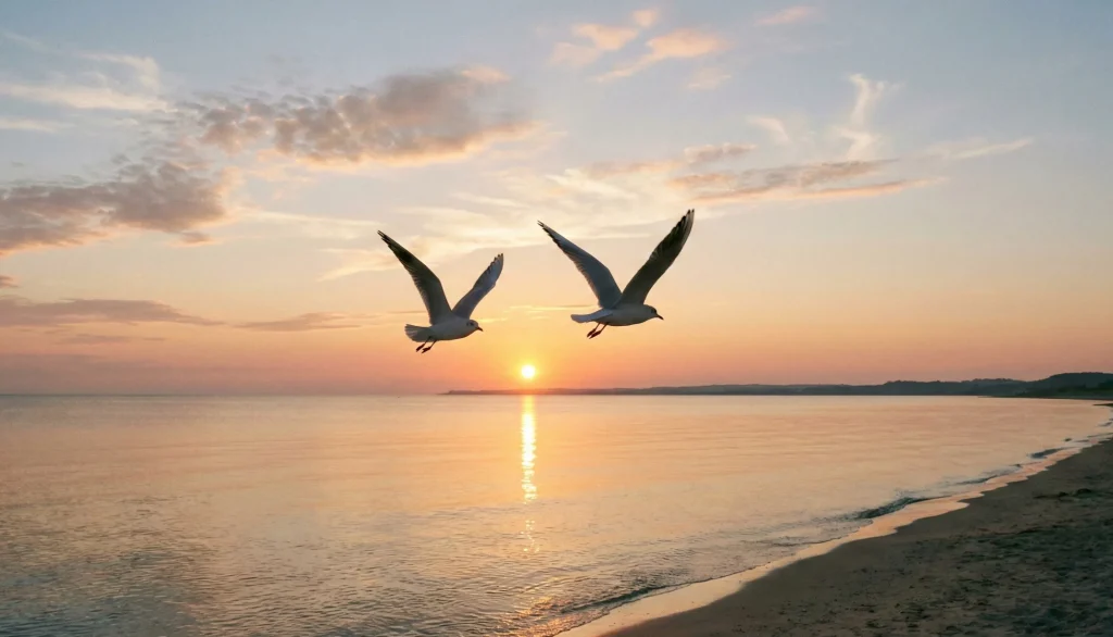 Dos gaviotas volando sobre una puesta de sol, representando el viaje consciente de dos almas en pareja que han decidido emprender el viaje juntas.
