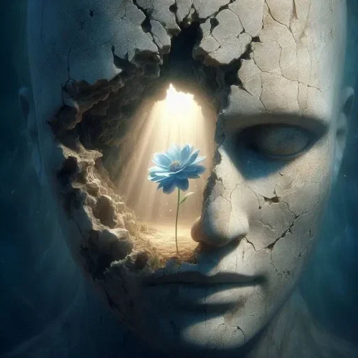 Rostro humano agrietado como una escultura, con una cavidad en su interior iluminada por un haz de luz donde florece una delicada flor azul. La imagen representa el renacer interior a través de las grietas del sufrimiento, y la posibilidad de florecer en medio de la herida.